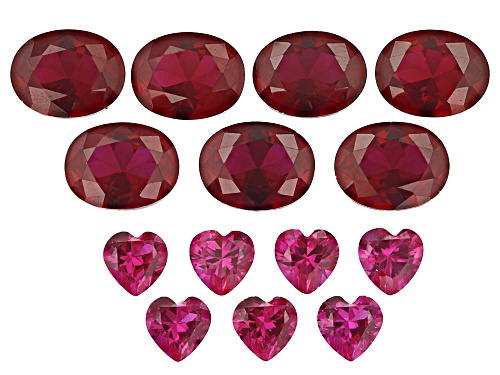 Photo of Red Lab Created Ruby 9x7mm 7pcs oval ,5mm 7pcs Heart faceted Cut gemstones set of 14 18ctw