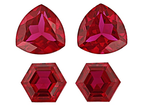 Red Lab Created Ruby 13mm 2pcs Trillion ,10mm 2pcs Hexagon faceted cut gemstones set of 4 29ctw