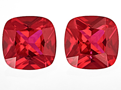 Photo of Red Lab Created Ruby 10mm Cushion Faceted Cut Gemstones Matched Pair 9.50ctw
