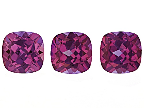 Photo of Purple Lab Created Color Change Sapphire 8mm Cushion Faceted Cut Gemstones Set of 3 8Ctw