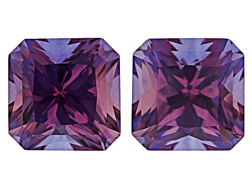 Photo of Purple Lab Created Color Change Sapphire 12mm Emerald Cut Princess Gemstones Matched Pair 21Ctw
