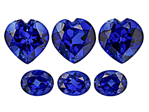 Photo of Lab Grown Blue Sapphire 12mm Heart & 9x7mm Oval Faceted Cut Gemstones Set of 6 29.50Ctw