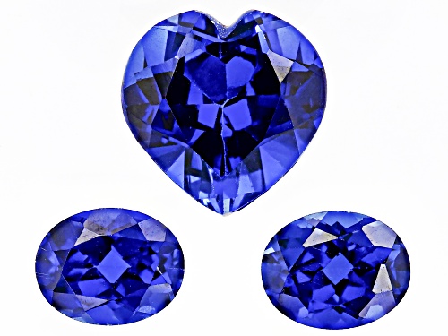 Photo of Lab Grown Blue Sapphire 12mm Heart & 9x7mm Oval Faceted Cut Gemstones Set of 3 12.00Ctw