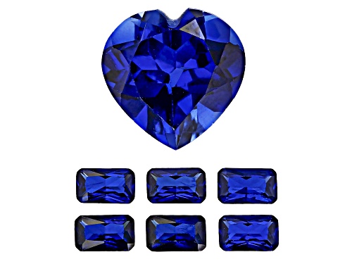 Lab Grown Blue Sapphire 12mm Heart Faceted & 5x3mm Emerald Cut Radiant Gemstones Set of 7 8.50Ctw