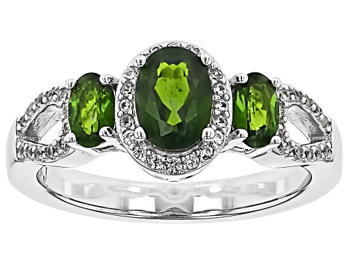 Chrome Diopside Oval 7x5mm and White Zircon Rhodium Over Sterling Silver Ring 1.48Ctw - Size 8