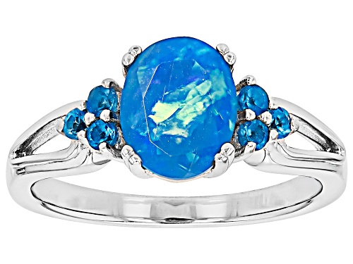 Paraiba Blue Color Opal 9x7mm and Neon Apatite Rhodium over Sterling silver Ring 1.10ctw - Size 8