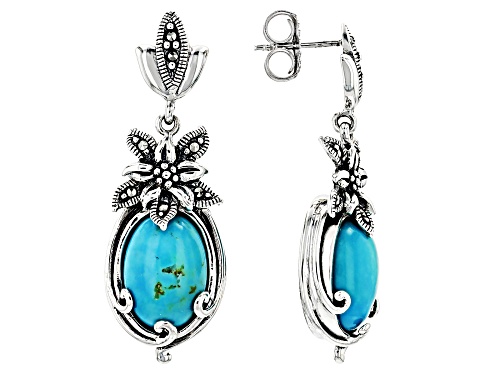 Turquoise Oval 14x10mm and Marcasite 0.42ctw Sterling Silver Earrings