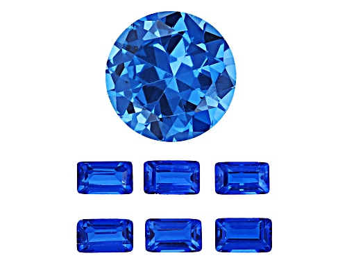 Photo of Blue Lab Created Spinel 12mm Round & 5x3mm Baguette Faceted Cut Gemstones Set of 7 8.50Ctw