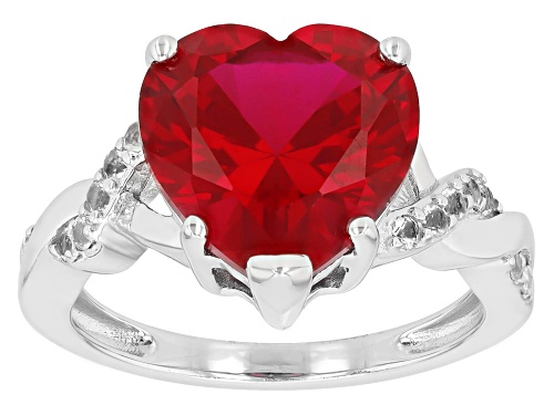 Lab Created Ruby Heart 12mm with White Topaz Rhodium Over Sterling Silver Ring 6.62ctw - Size 9