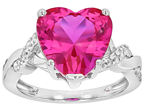 Lab Created Pink Sapphire Heart 12mm with White Topaz Rhodium Over Sterling Silver Ring 7.08ctw - Size 9