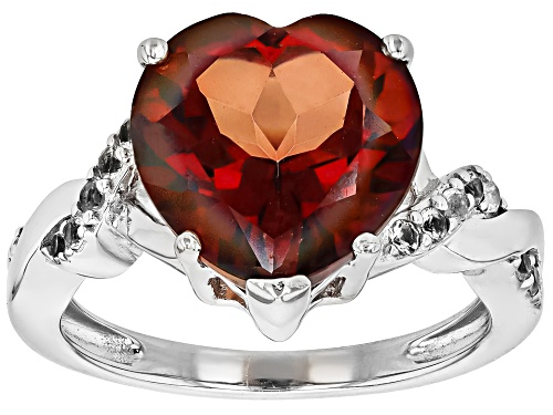 Red Labradorite Heart 12mm and White Topaz Rhodium Over Sterling Silver Ring 5.43ctw - Size 7