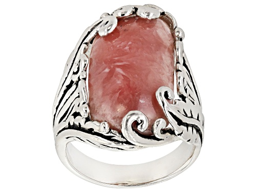 Southwest Style By JTV™ 22x11mm Rhodochrosite Solitaire Rhodium Over Silver Feather Design Ring - Size 8