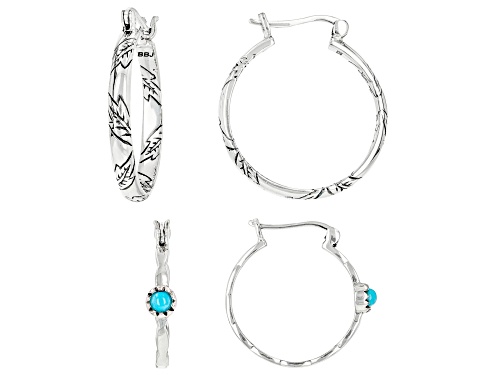 Southwest Style by JTV™ 3x3mm Sleeping Beauty Turquoise Rhodium Over Silver Hoop Earrings Set of Two
