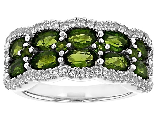 Chrome Diopside Oval 5x3mm and White Zircon Rhodium Over Sterling Silver Ring 2.76Ctw - Size 8