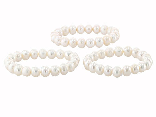 10-11mm White Cultured Freshwater Pearl Stretch Bracelet Set of 3 - Size 7.5