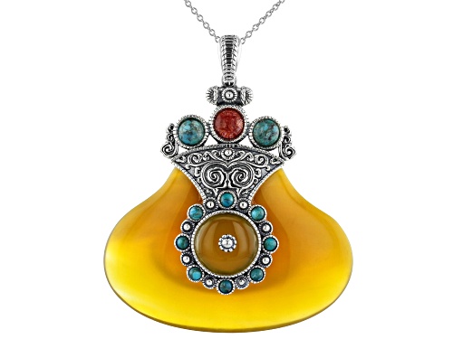 Yellow Onyx 60x40mm with Turquoise and Sponge coral Sterling Silver Pendant 159.20