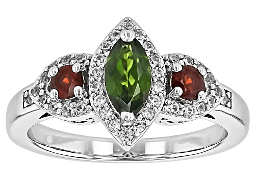 Photo of Chrome Diopside Marquise 8x4mm with Garnet and White Zircon Rhodium Over Silver Ring 1.13ctw - Size 9