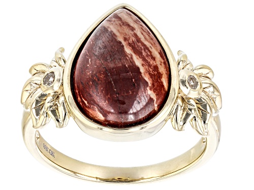 Australian Style™ Red Chalcedony & 0.07ctw White Zircon 18K Yellow Gold Over Silver Flower Ring - Size 7