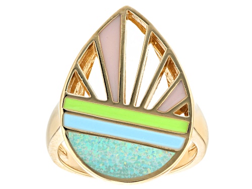 Photo of Australian Style™ Lab Created Blue Opal 18K Yellow Gold Over Silver Sunrise Sunset Ring - Size 7