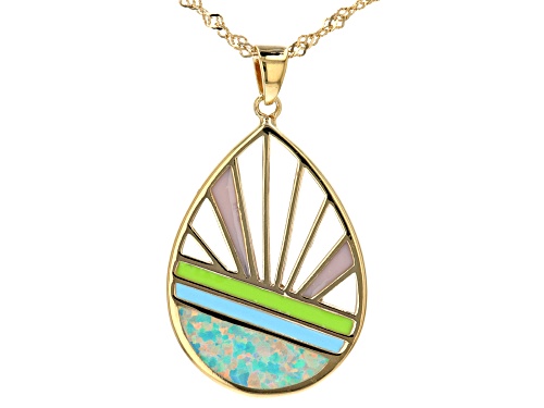 Photo of Australian Style™ Lab Blue Opal 18K Yellow Gold Over Silver Sunrise Sunset Pendant With 18" Chain