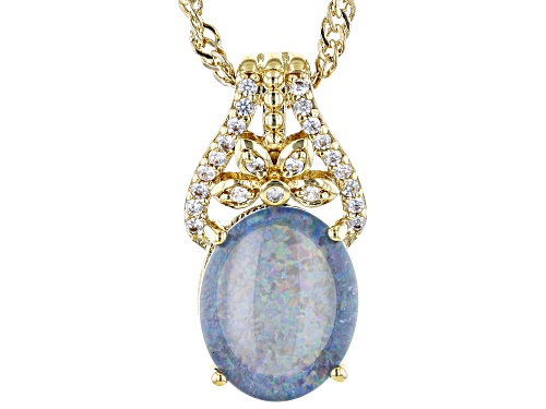 Photo of Australian Style™ Opal Triplet & White Zircon 18k Yellow Gold Over Brass Pendant With Chain
