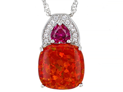 Photo of 12mm Cushion Lab Opal, 0.46ct Lab Ruby, And 0.11ctw Lab Sapphire Rhodium Over Silver Pendant Chain