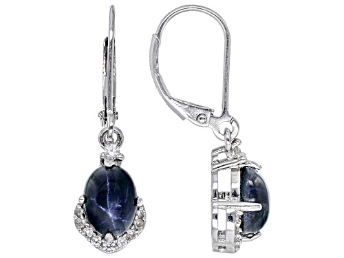 3.40ct Oval Star Blue Sapphire With 0.29ctw White Zircon Rhodium Over Silver Dangle Earrings