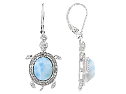 Photo of 10x8mm Oval Cabochon Larimar And 0.09ctw Round White Zircon Rhodium Over Sterling Silver Earrings