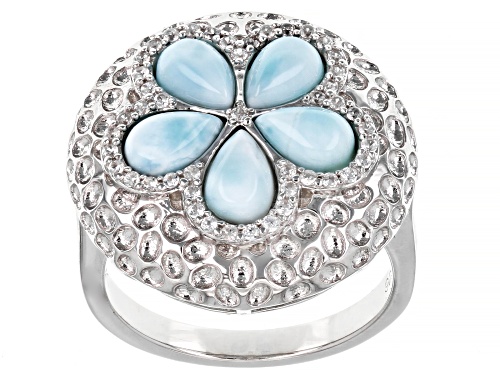 Photo of 6x4mm Pear shape Larimar And 0.21ctw White Zircon Rhodium Over Sterling Silver Seashell Ring - Size 8