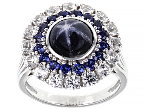 Photo of 2.55ct Star Sapphire With 1.79ctw Lab Blue & Lab White Sapphire Rhodium Over Silver Ring - Size 7