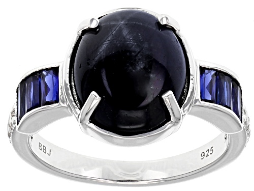 Photo of 12x10mm Oval Star Sapphire With 0.96ctw Lab White & Lab Blue Sapphire Rhodium Over Silver Ring - Size 8