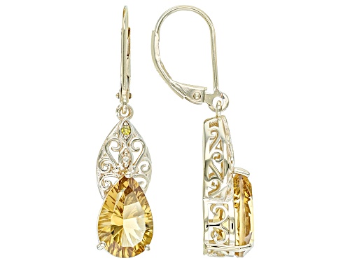 4.82ctw Quantum Cut® Champagne Quartz With Yellow Diamond 18k Yellow Gold Over Silver Earrings