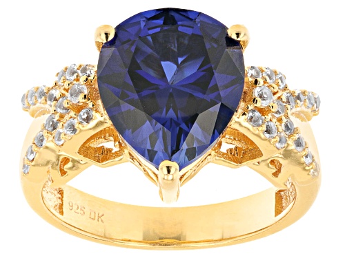 Photo of 4.25ct Pear Lab Blue Sapphire With 0.18ctw Lab White Sapphire 18k Yellow Gold Over Silver Ring - Size 9