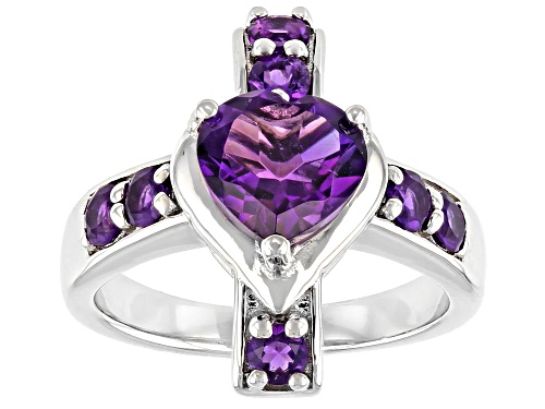 1.39ct Heart Shaped With 0.71ctw Round African Amethyst Rhodium Over Sterling Silver Cross Ring - Size 8