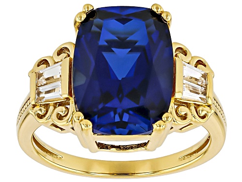 7.06ct Lab Created Blue Sapphire With 0.68ctw Lab White Sapphire 18K Yellow Gold Over Silver Ring - Size 10