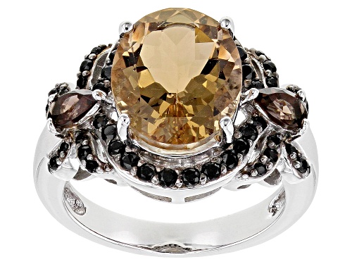3.75ct Oval Champagne Quartz, 0.60ctw Smoky Quartz & Black Spinel Rhodium Over Sterling Silver Ring - Size 8
