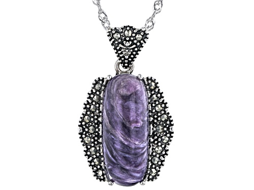 20x9mm Cushion Charoite With Round Marcasite Sterling Silver Pendant With Chain