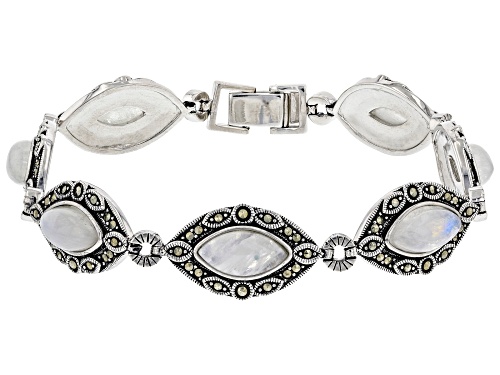 12x6mm Marquise Rainbow Moonstone With Round Marcasite Rhodium Over Sterling Silver Bracelet - Size 8
