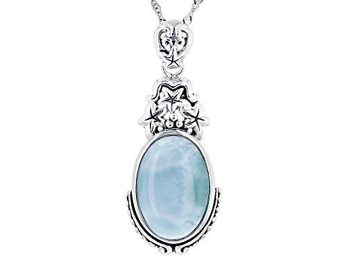 18x12mm Oval Cabochon Larimar Rhodium Over Sterling Silver Pendant With Chain
