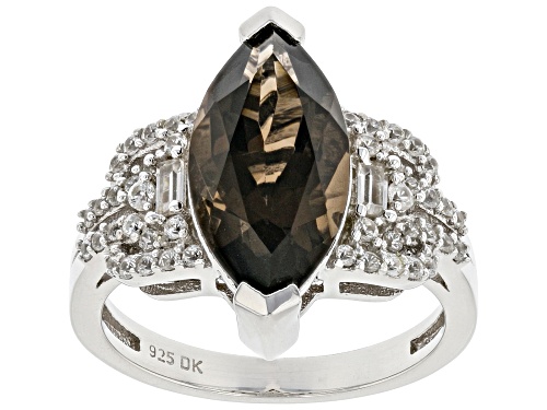3.45ct Smoky Quartz With 0.51ctw White Zircon Rhodium Over Sterling Silver Ring - Size 10