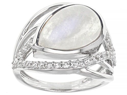 Photo of 14x10mm Pear shaped Rainbow Moonstone And 0.51ctw White Zircon Rhodium Over Silver Ring - Size 8