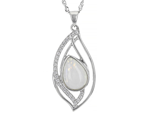 Photo of 14x10mm Pear shaped Rainbow Moonstone With 0.38ctw White Zircon Rhodium Over Silver Pendant  Chain