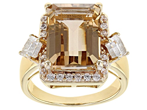Photo of 6.04ct Champagne Quartz With 1.23ctw Crystal Quartz & White Zircon 18K Yellow Gold Over Silver Ring - Size 9