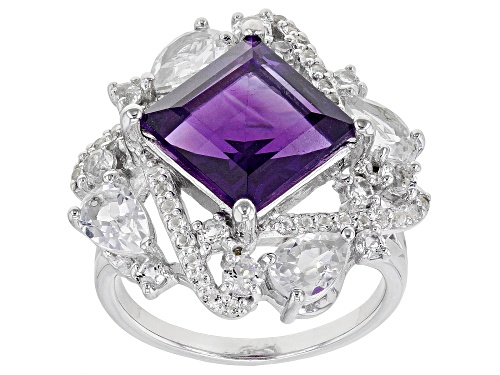 Photo of 3.72ct Sqaure African Amethyst With 2.36ctw White Topaz Rhodium Over Sterling Silver Ring - Size 7