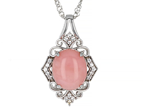 12x10mm Oval Cabochon Pink Opal With 0.15ctw White Zircon Rhodium Over Silver Pendant Chain
