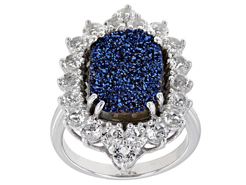 Photo of 14x10mm Cushion Blue Drusy Quartz And 2.55ctw Round White Topaz Rhodium Over Sterling Silver Ring - Size 7