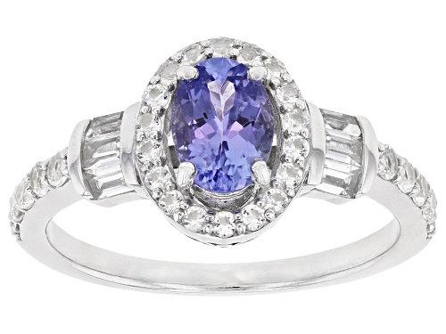 Photo of 0.64ct Oval Tanzanite With 0.66ctw Baguette & Round White Topaz Rhodium Over Sterling Silver Ring - Size 9