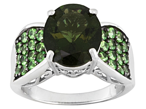 3.00ct Oval Moldavite With .80ctw Round Mint Tsavorite Rhodium Over Sterling Silver Ring - Size 10