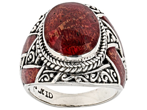 Artisan Collection of Bali™ 14x11mm Red Coral Sterling Silver Textured Inlay Ring - Size 7