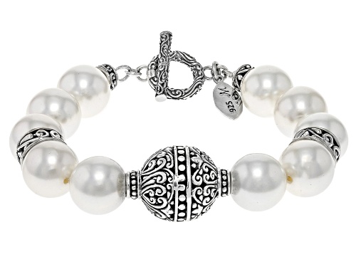 Artisan Collection of Bali™ 12mm White Shell Pearl Sterling Silver Station Bracelet - Size 7.75